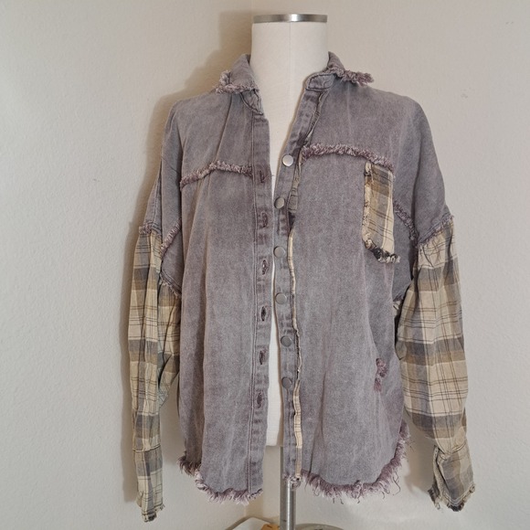 POL Oversized Plaid Sleeve Raw Edge Shirt Jacket Womens Size Large‎ - Picture 5 of 13